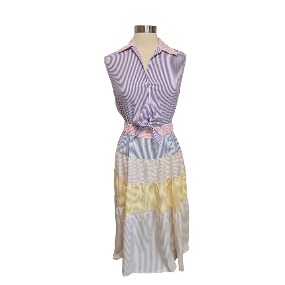 Sandro Striped Tiered Midi Dress Size M Sleeveless Button Front Tie Waist Pastel